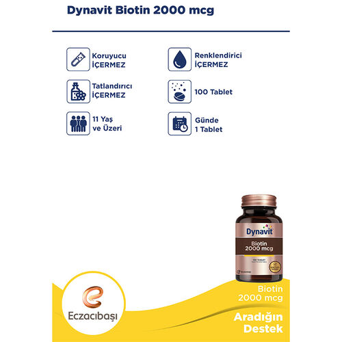 Eczacıbaşı Dynavit Biotin 2000 mcg Takviye Edici Gıda 100 Tablet