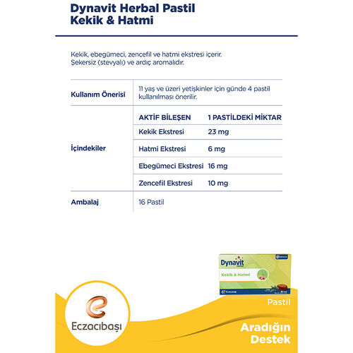 Eczacıbaşı Dynavit Herbal Kekik ve Hatmi İçeren 16 Adet Pastil (Promosyon Ürünü)