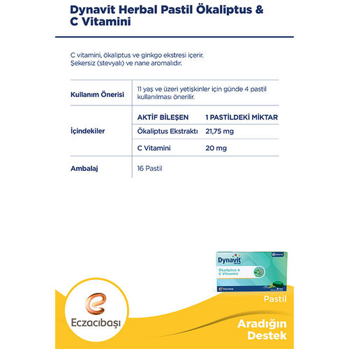 Eczacıbaşı Dynavit Herbal Mentol Aroması ve Ökaliptus İçeren 16 Adet Pastil